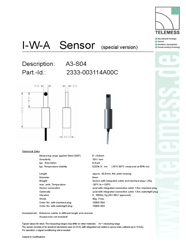 I-W-A Sensor: Description: A3-S04 Part.-Id.: 2333-003114A00C | PDF