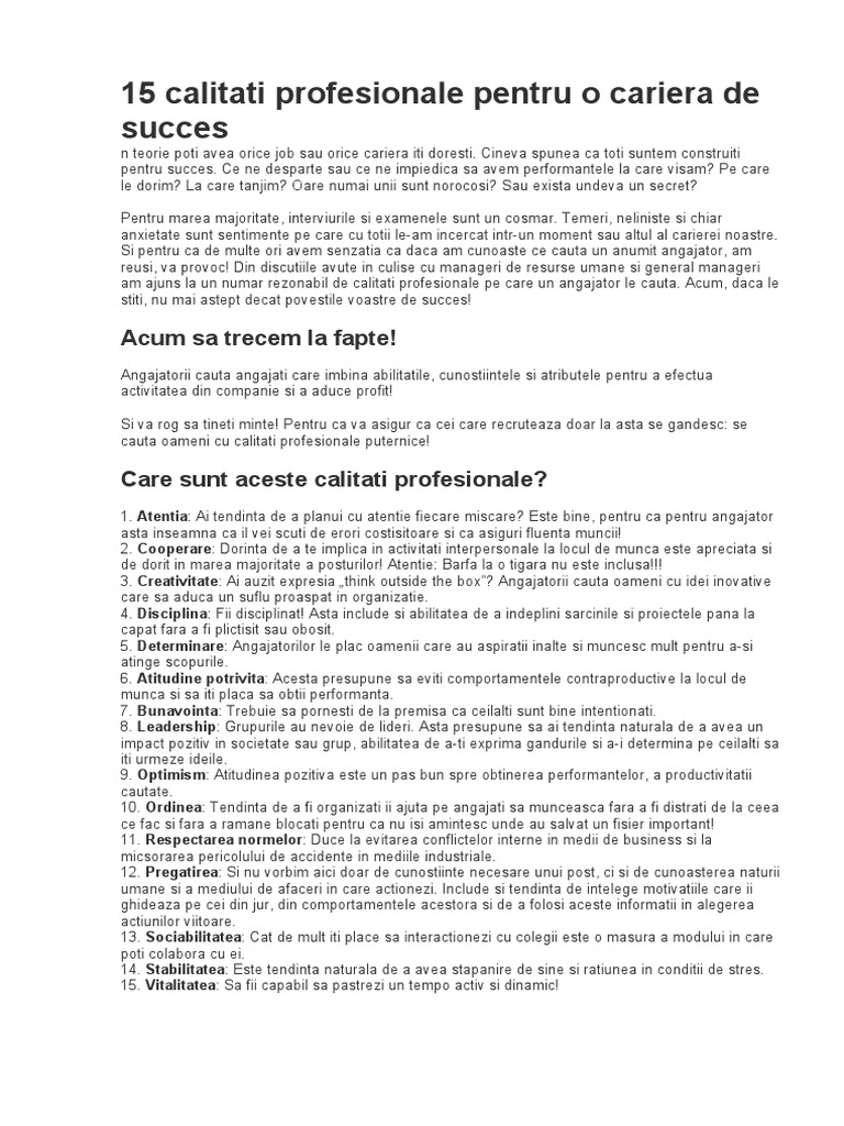 15 Calitati Profesionale Pentru O Cariera De Succes PDF