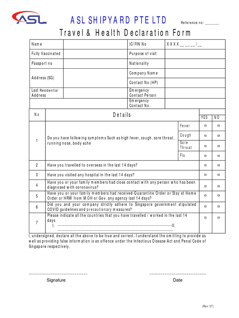 Travel & Health Declaration Form (Rev 07) | PDF