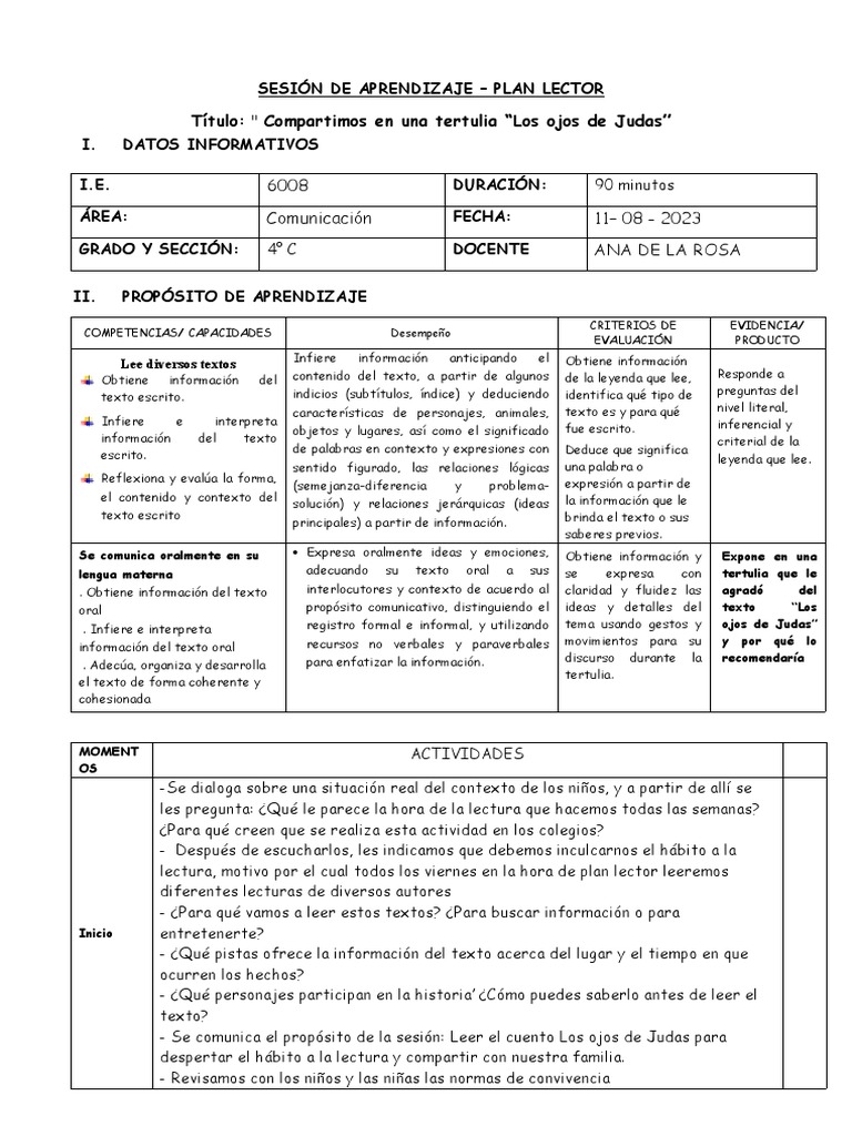 SESIÓN DE APRENDIZAJE Plan Lector - 11 de Agosto | PDF