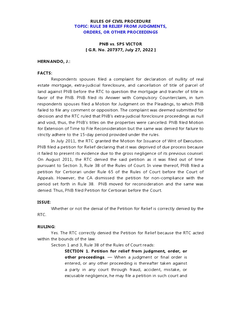 Rule 38 RULES of COURT PNB vs. Sps. Victor PDF