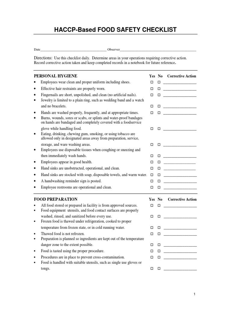 Food Safety Checklist Based on HACCP PDF
