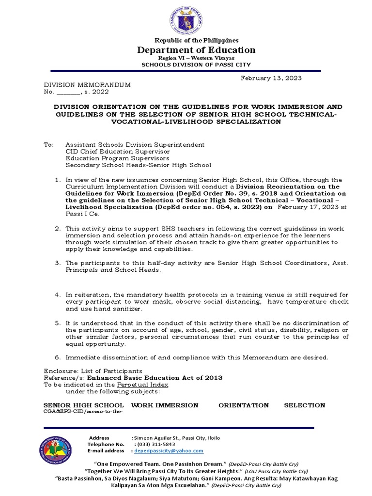 Senior High School Work Immersion Guidelines | PDF
