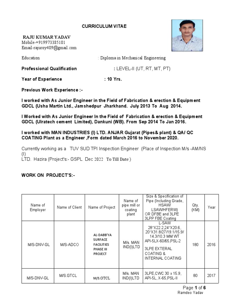 Mechanical Engineer CV with Inspection Expertise | PDF