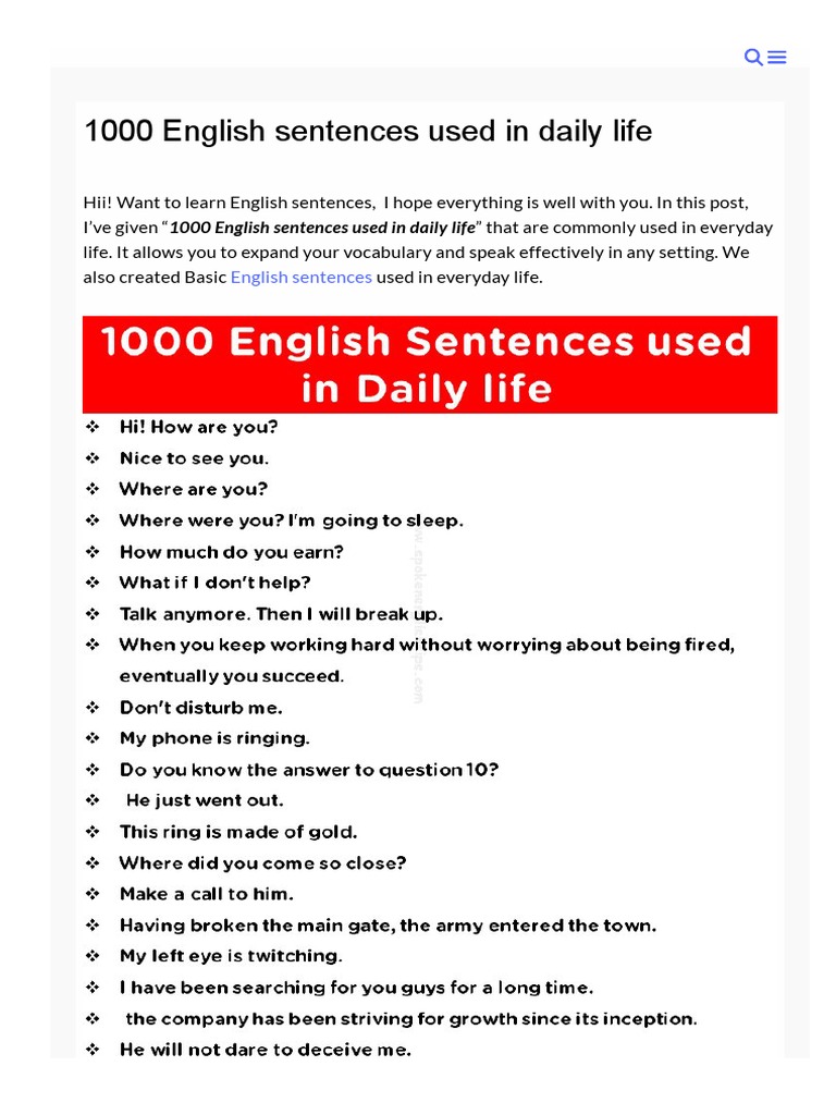 Spokenenglishtips Com 1000 English Sentences Used in Daily Life PDF