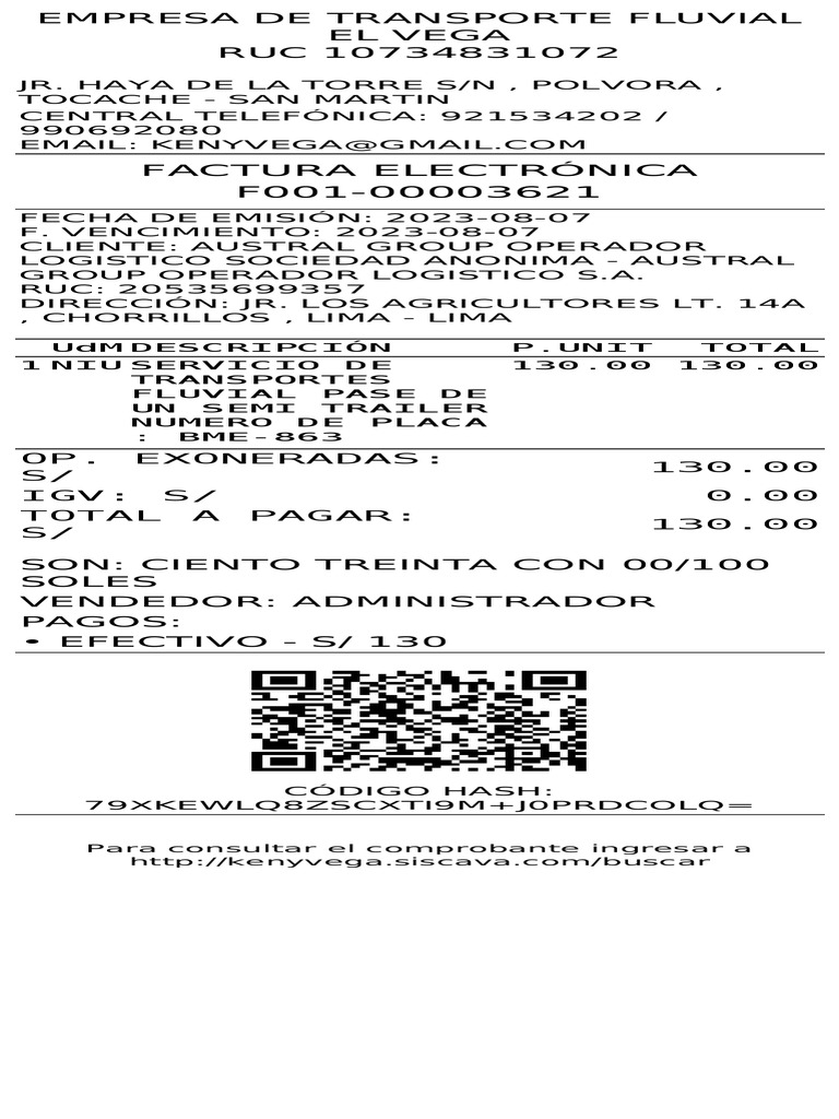 Factura electr nica f001 00003621 para consultar el comprobante