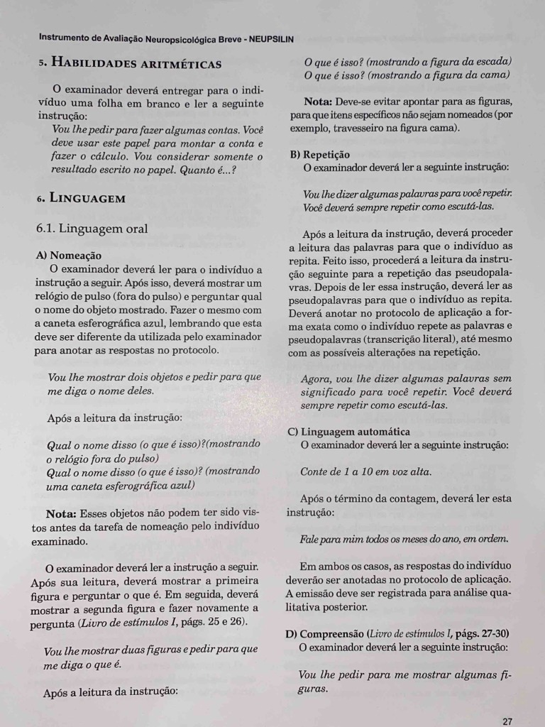 Avaliação Breve do NEUPSILIN | PDF | Artes Linguísticas e Disciplina
