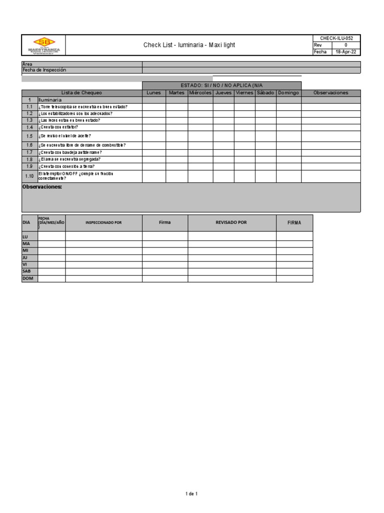 Check List de Luminarias Maxi Light | PDF