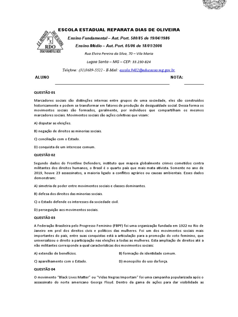 Uniteste 3º Ano 3º Bimestre | PDF