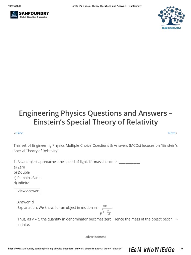 Special Relativity Mcqs Pdf