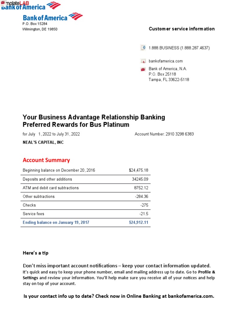 Bank Of America Bank Statement 2025
