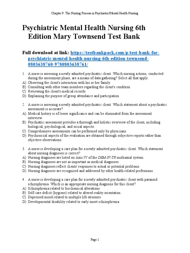 Psychiatric Mental Health Nursing 6th Edition Mary Townsend Test Bank