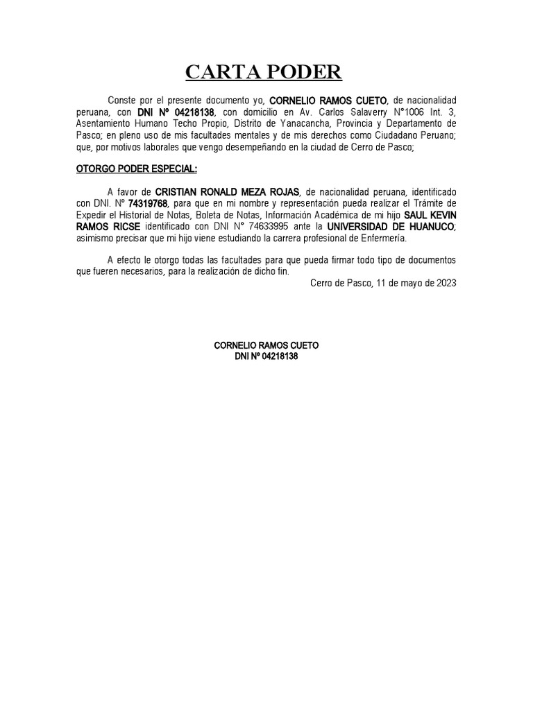 CARTA PODER Cornelio Ramos Cueto A CRMR | PDF