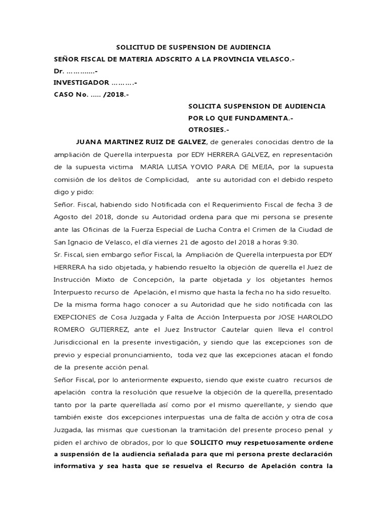 Solicitud De Suspension De Audiencia Pdf