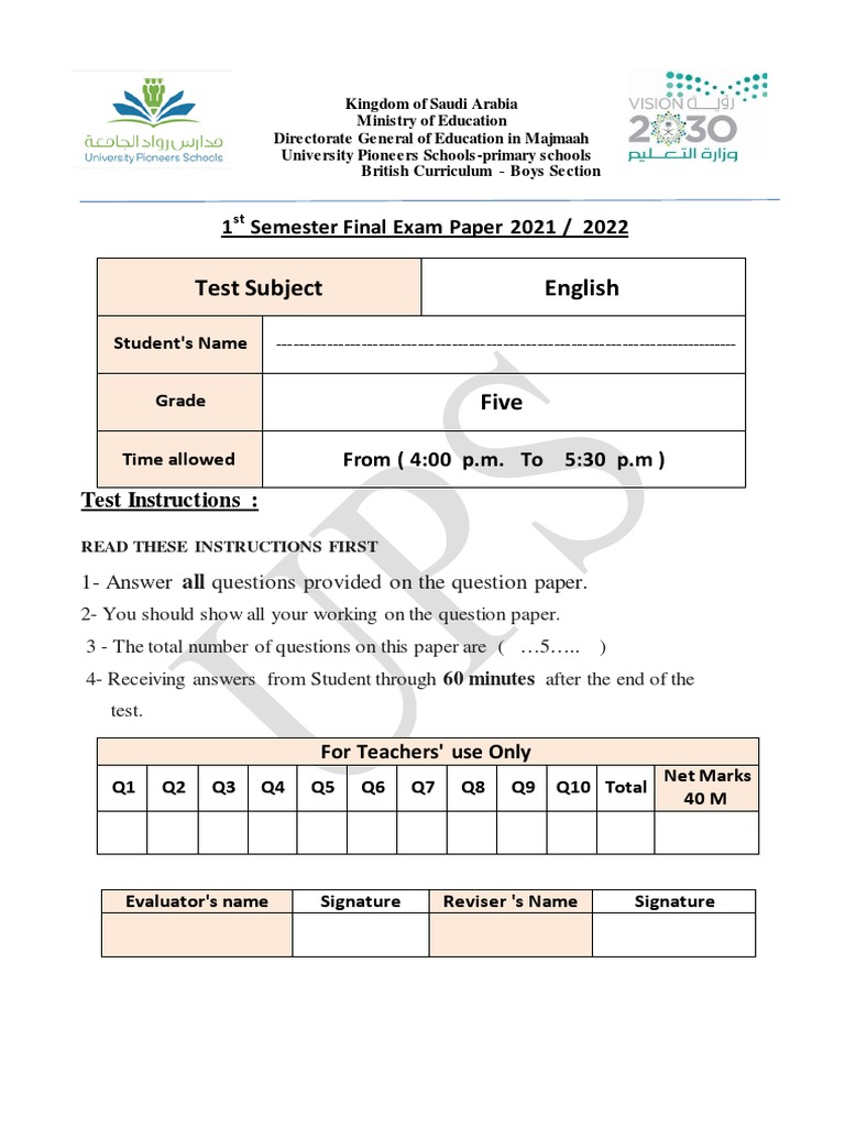 Grade 5 english exam 1st term pdf