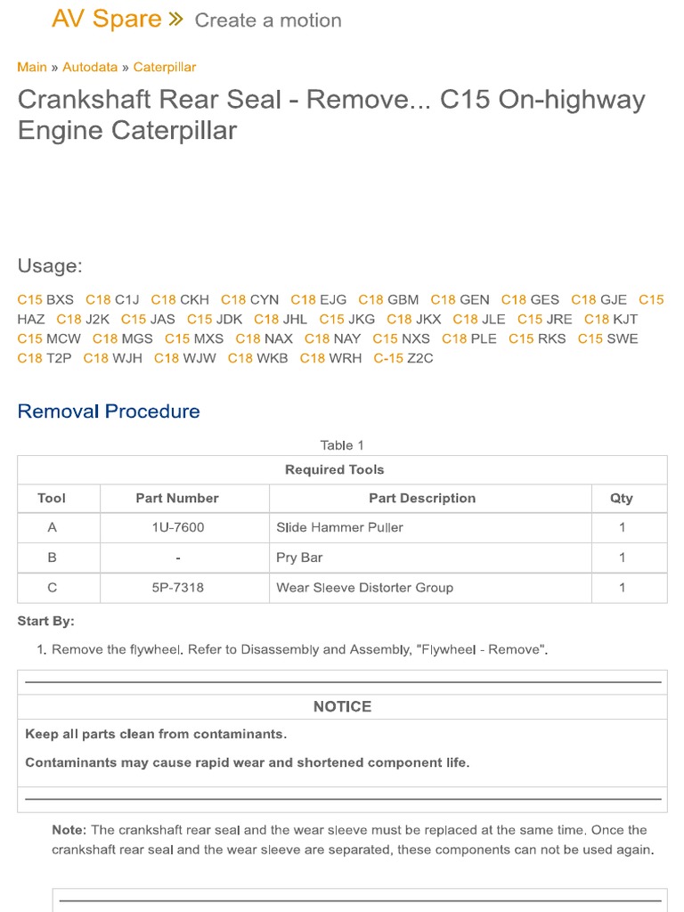 Crankshaft Rear Seal - Remove... C15 On-Highway Engine Caterpillar ...