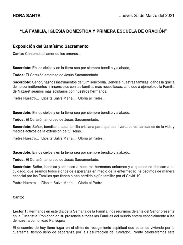 Hora Santa La Familia Iglesia Domestica y Primera Escuela de Oración | PDF