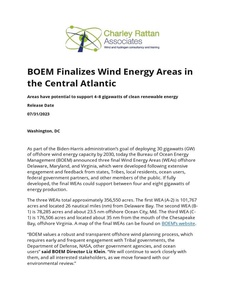 BOEM Finalizes Central Atlantic Wind Areas | PDF | Law