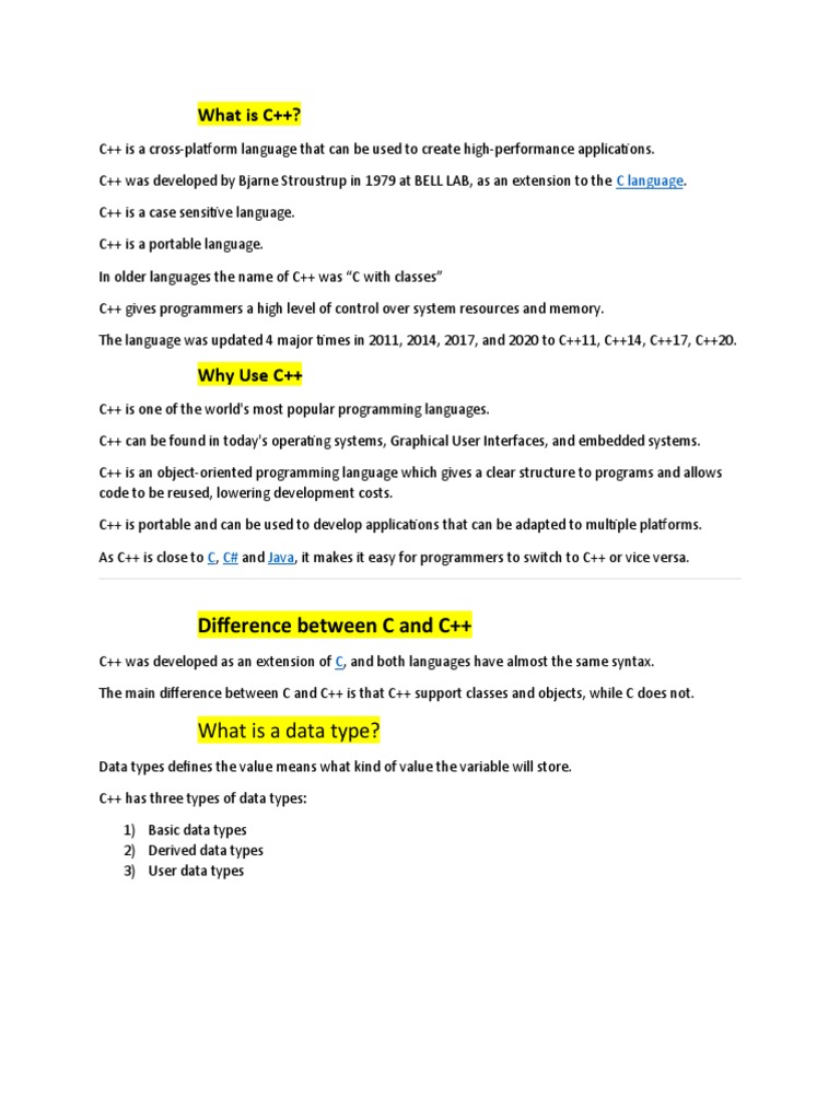What Is C++?: Difference Between C and C++ | PDF