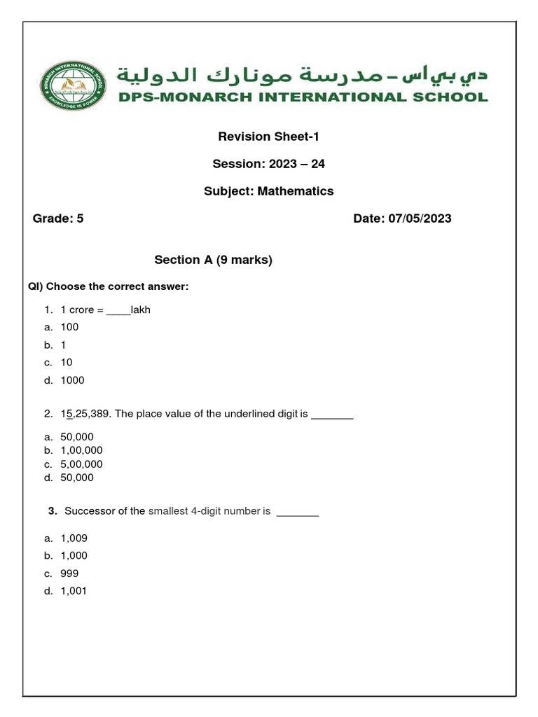 Grade 5 Math Revision Sheet 2023-24 | PDF