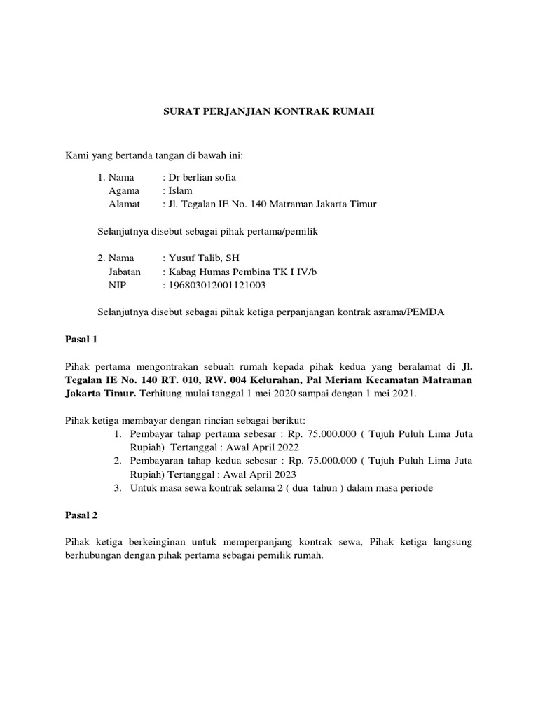 Surat Perjanjian Kontrak Rumah | PDF