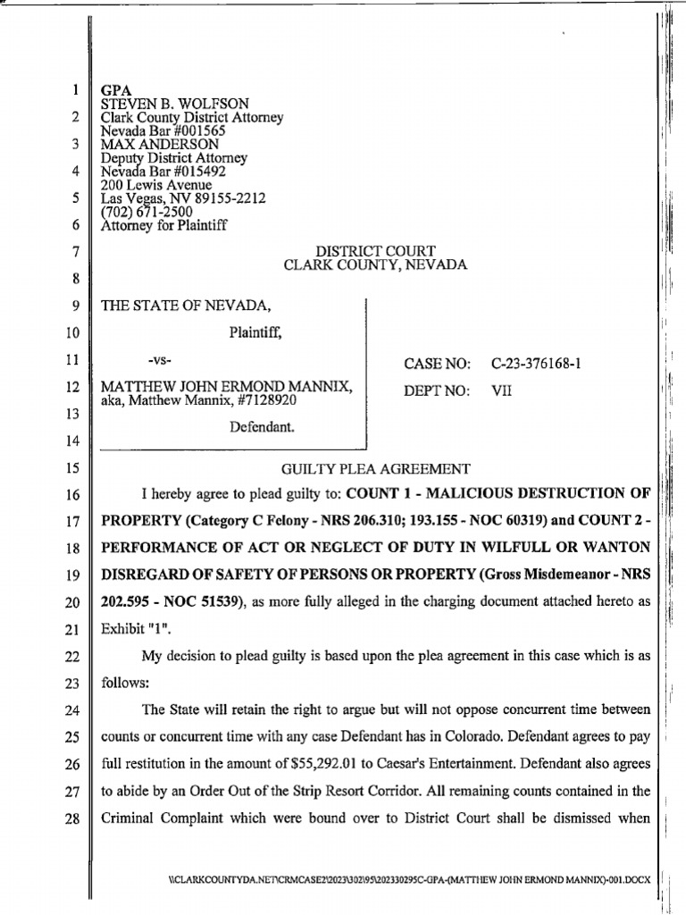 Guilty Plea Agreement For Matthew Mannix | PDF