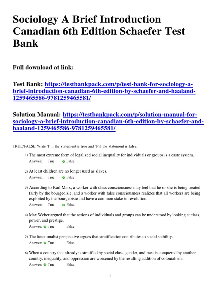 Sociology a brief introduction canadian 6th edition schaefer test bank