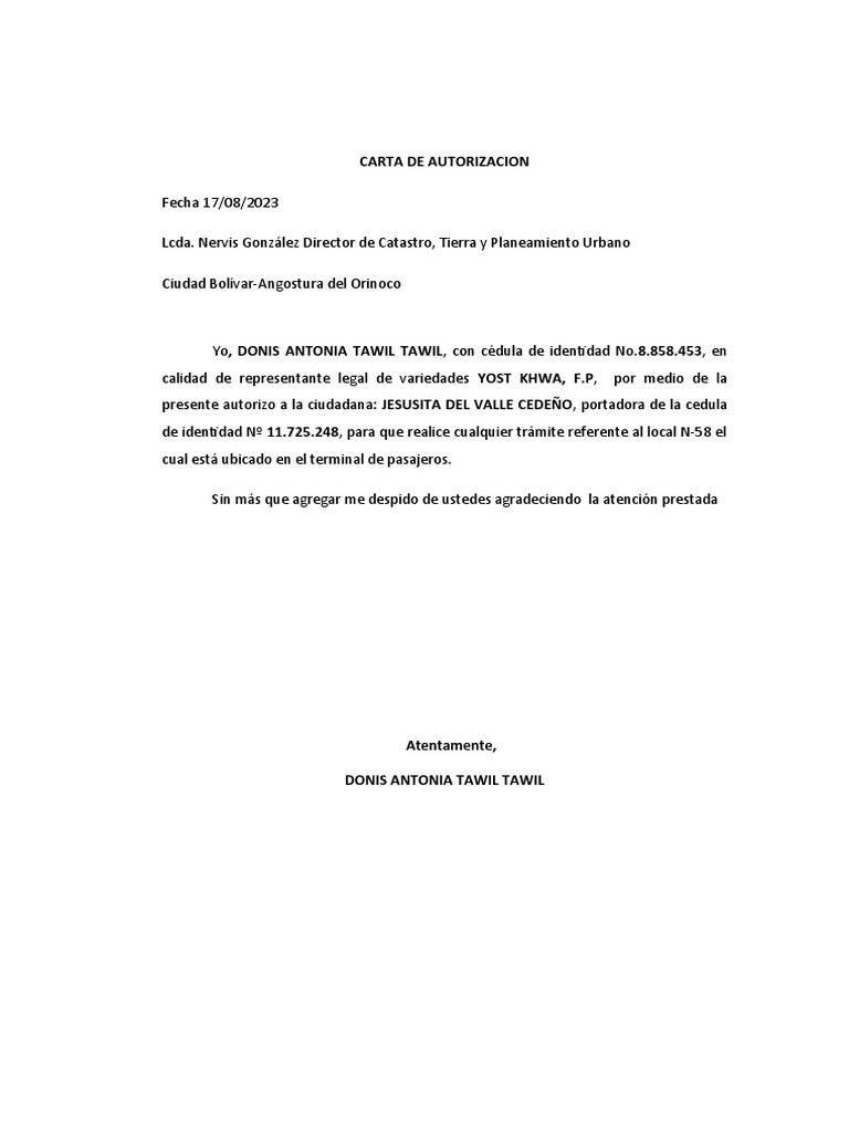 Carta de Autorizacion Local 58 | PDF