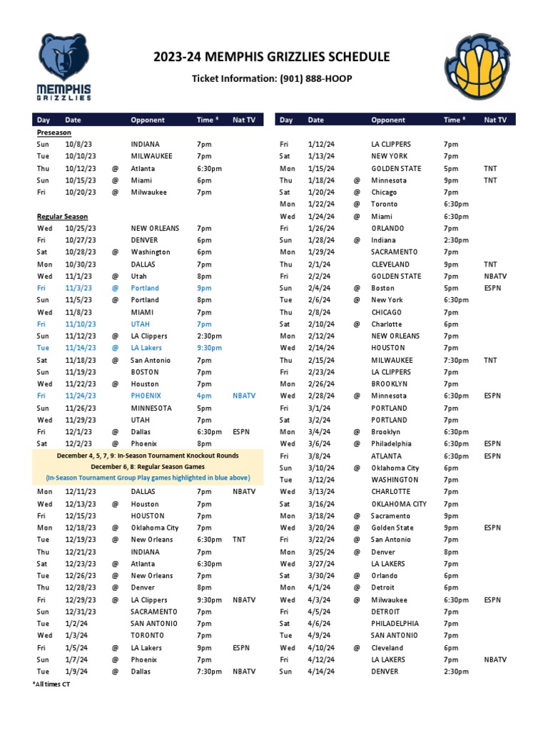 2023-24 Memphis Grizzlies Schedule | PDF | Los Angeles Lakers | Relocated National Basketball Association Teams for Atlanta Hawks Schedule 24 25 Printable Pdf Free