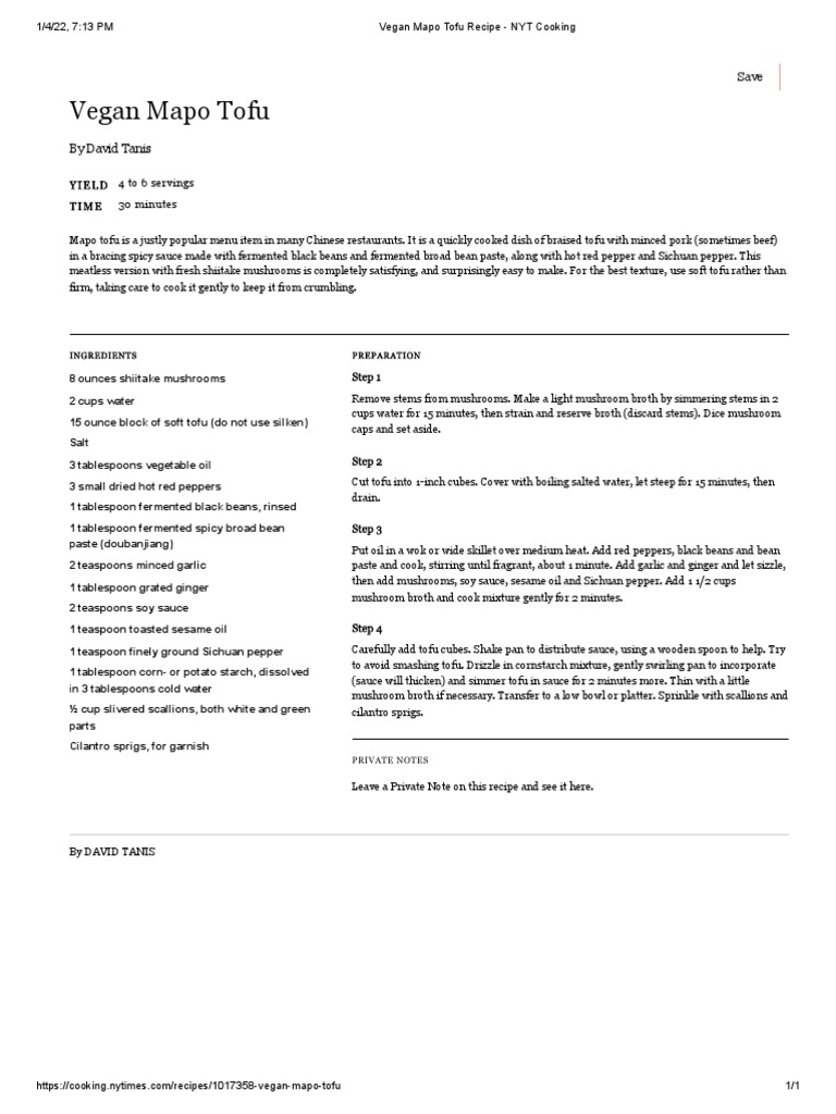 Vegan Mapo Tofu Recipe - NYT Cooking | PDF