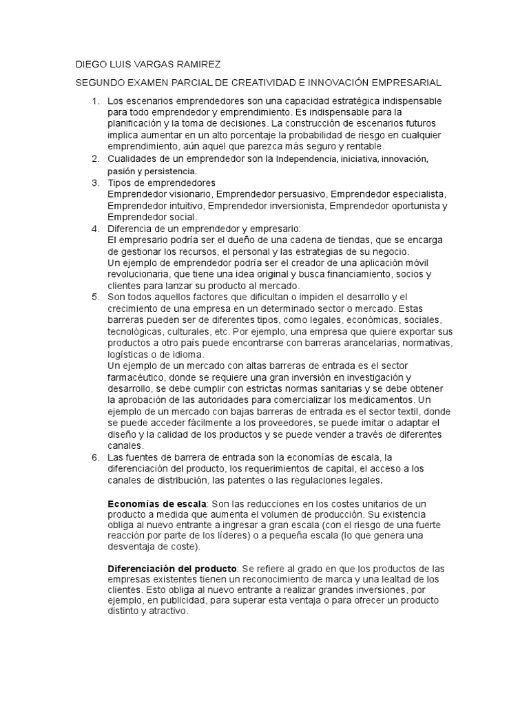 Segundo Examen Parcial de Creatividad e Innovación Empresarial | PDF
