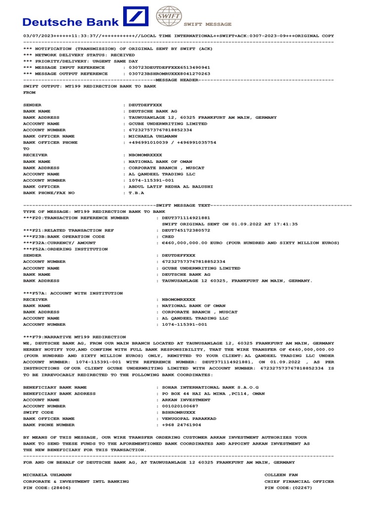 MT199 Transfer Notification from Deutsche Bank | PDF | Banks | Wire ...