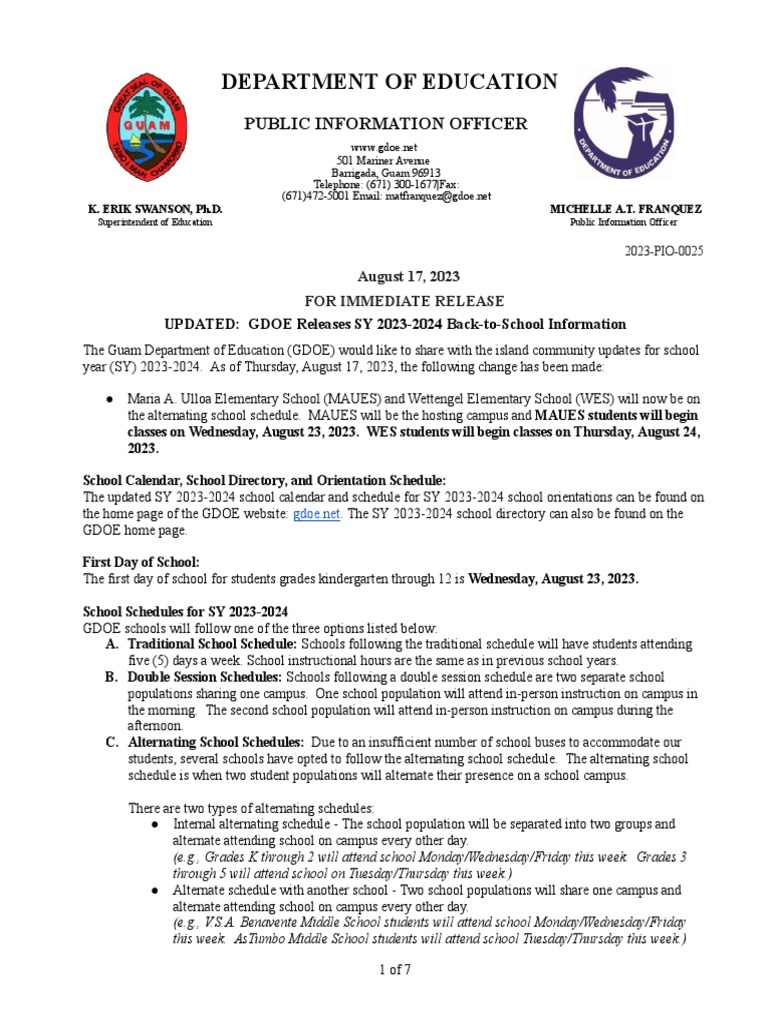 Updated Press Release Gdoe Releases Sy 20232024 BackToSchool