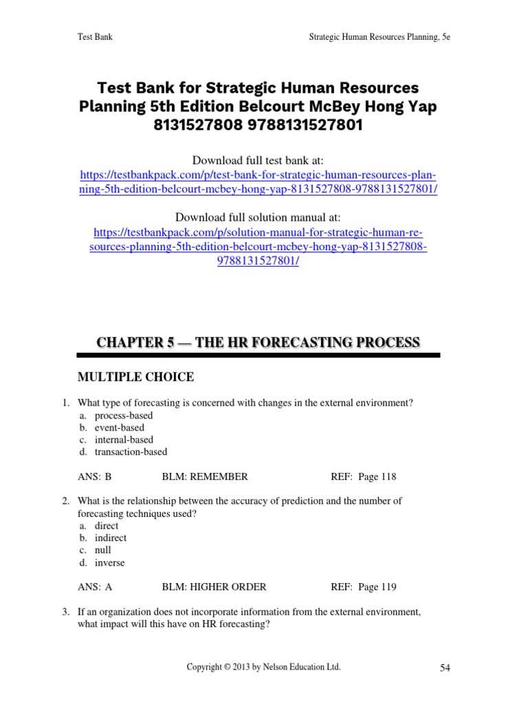 Strategic Human Resources Planning 5th Edition Belcourt Test Bank ...