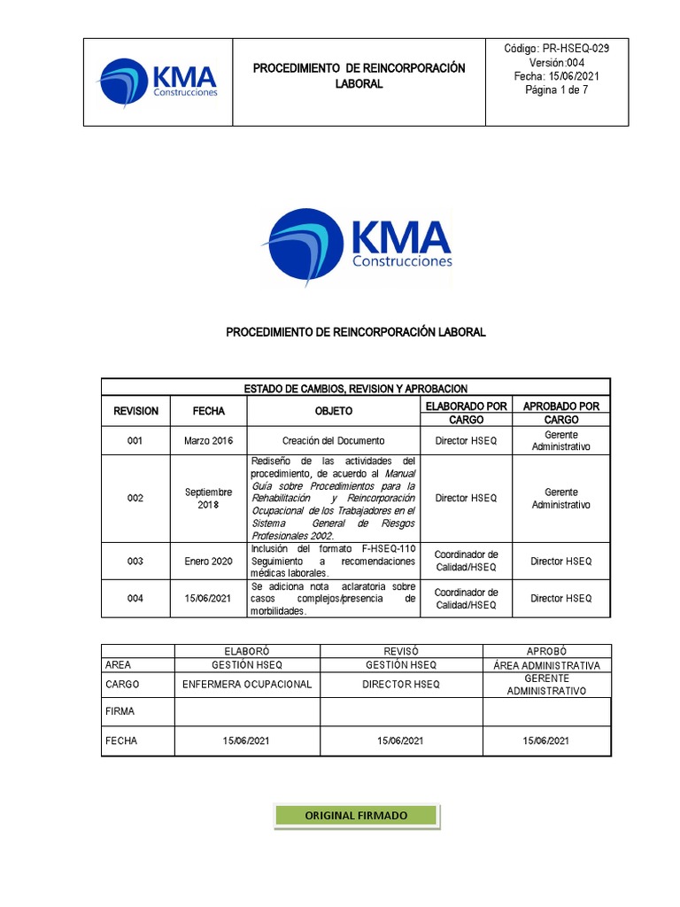 PR-HSEQ-029 PROCEDIMIENTO DE REINCORPORACION LABORAL Vs 04 (1) | PDF