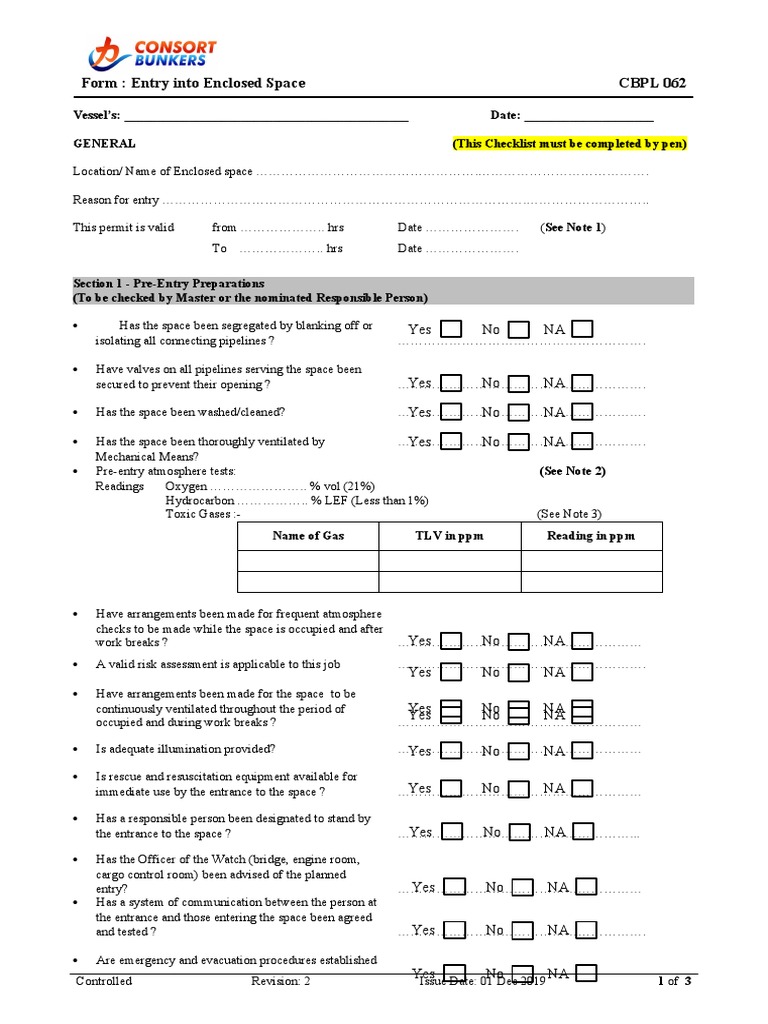 Enclosed Space Entry Permit Checklist | PDF | Underwater Diving | Gases