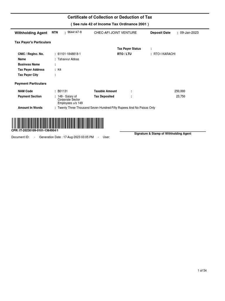 Tax Collection Certificate Details | PDF