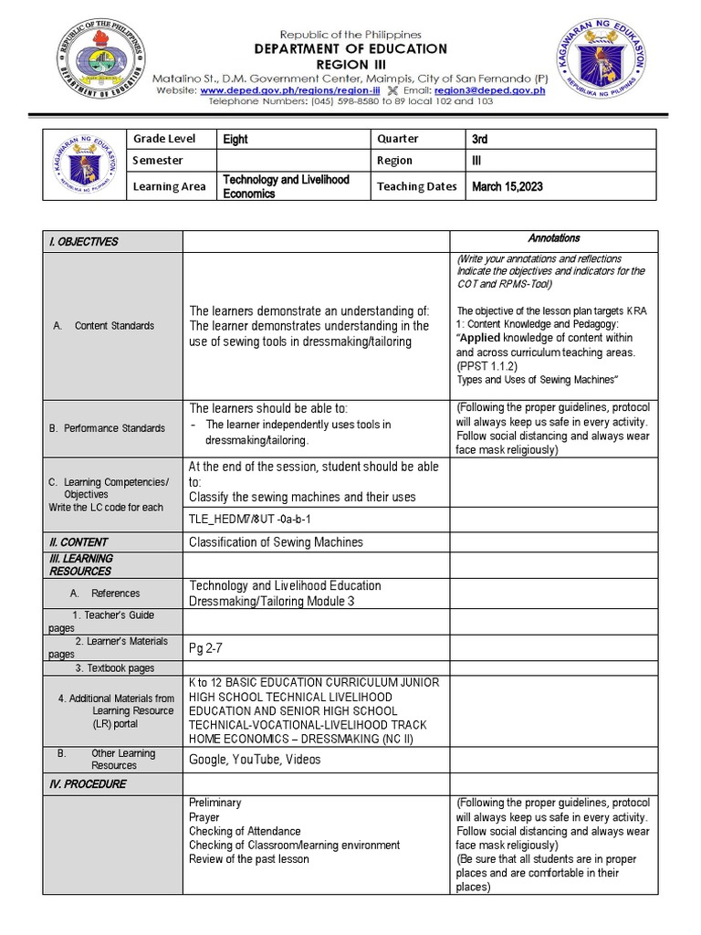 COT 1 '23 Classification of Sewing Machines PDF