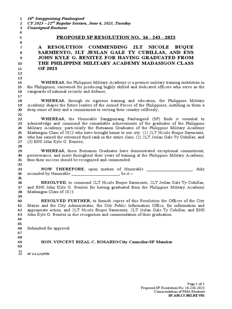 PSPR No. 16 243 2023 Commendation Butuanon PMA Graduates | PDF