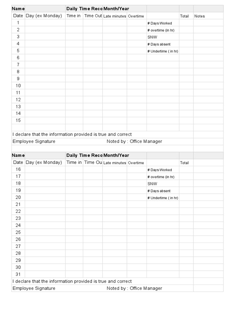 Employee Daily Time Record Template | PDF