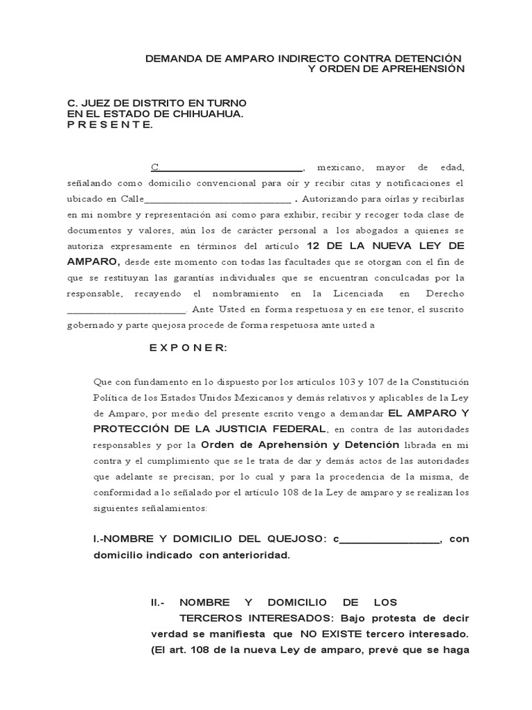 DEMANDA DE AMPARO INDIRECTO CONTRA DETENCIÓN | PDF