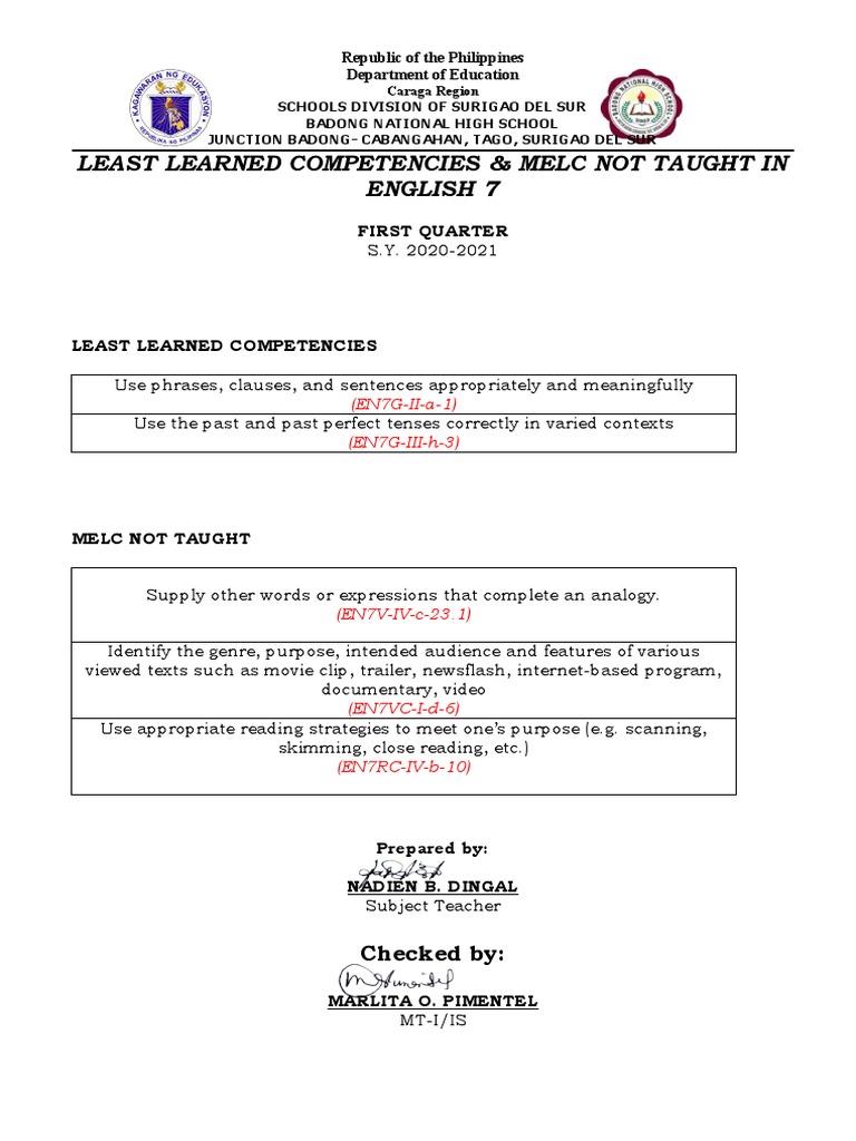 English 7 Competencies Review | PDF