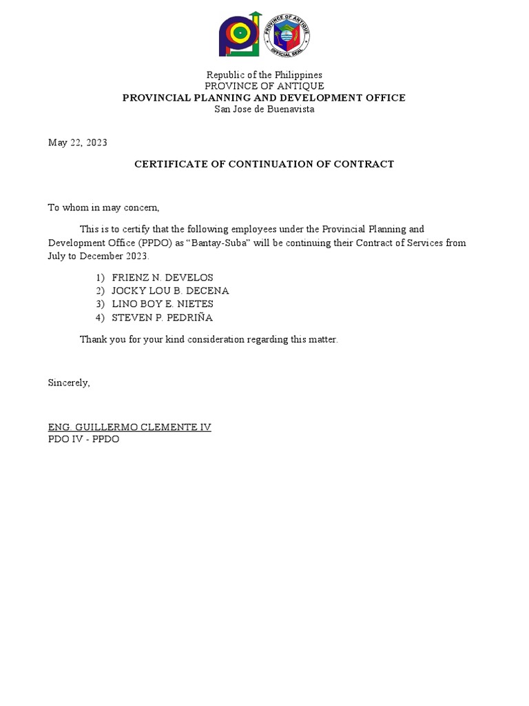 CERTIFICATE OF CONTINUATION OF CONTRACT PDF