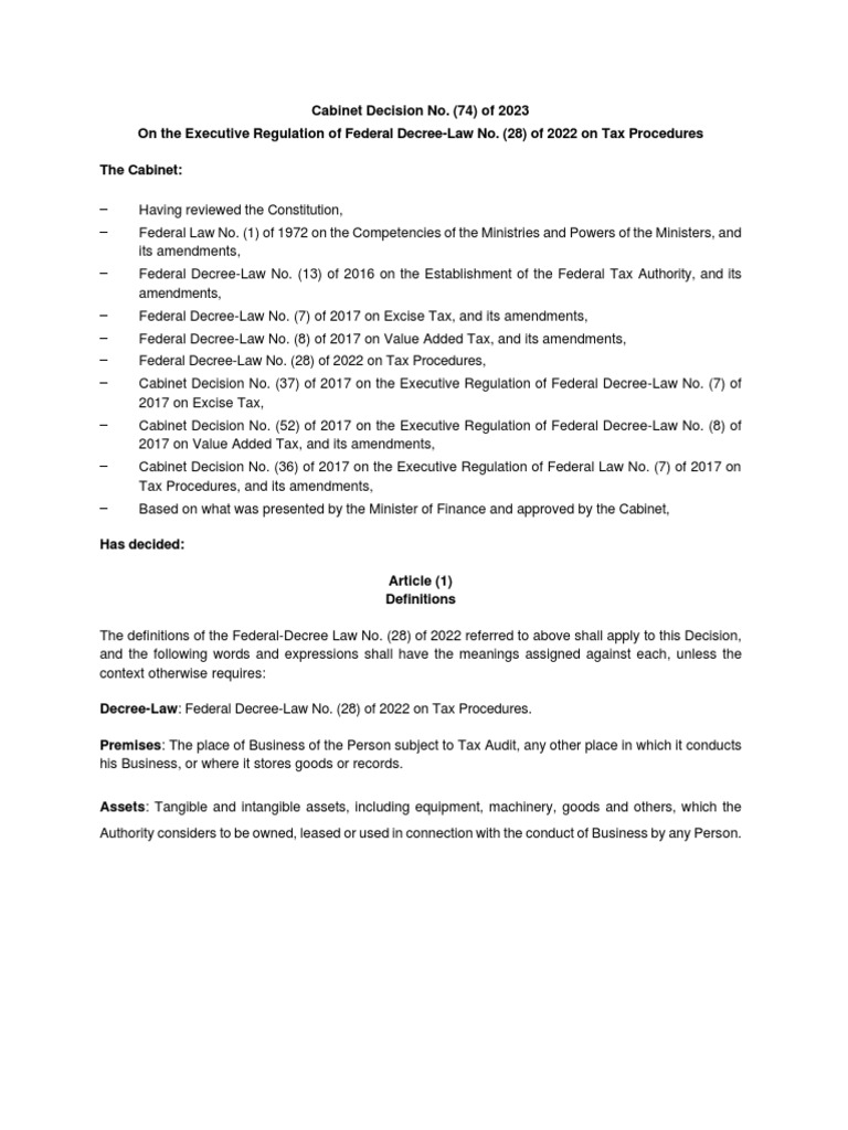 Decision No 74 of 2023 On Executive Regulations of Federal