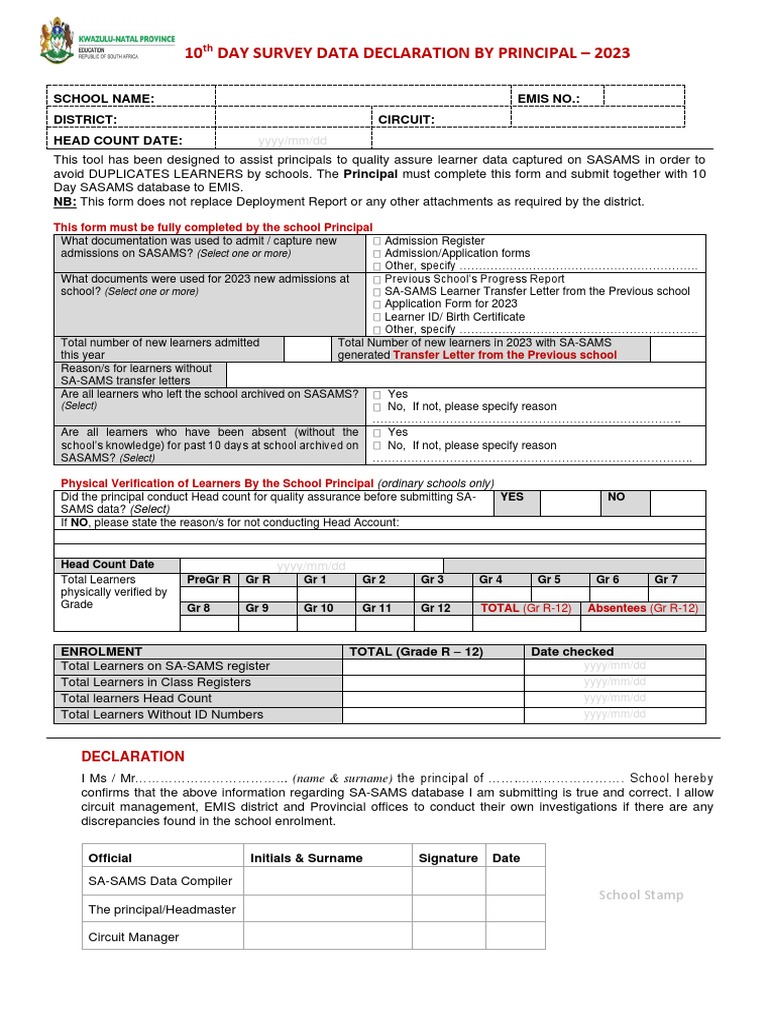 2023 Principal's 10-Day Survey Form | PDF | Career & Growth