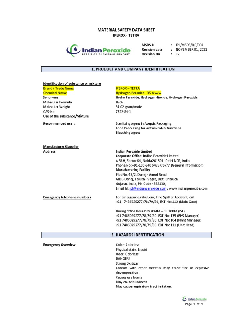 IPL - MSDS - IPEROX TETRA | PDF