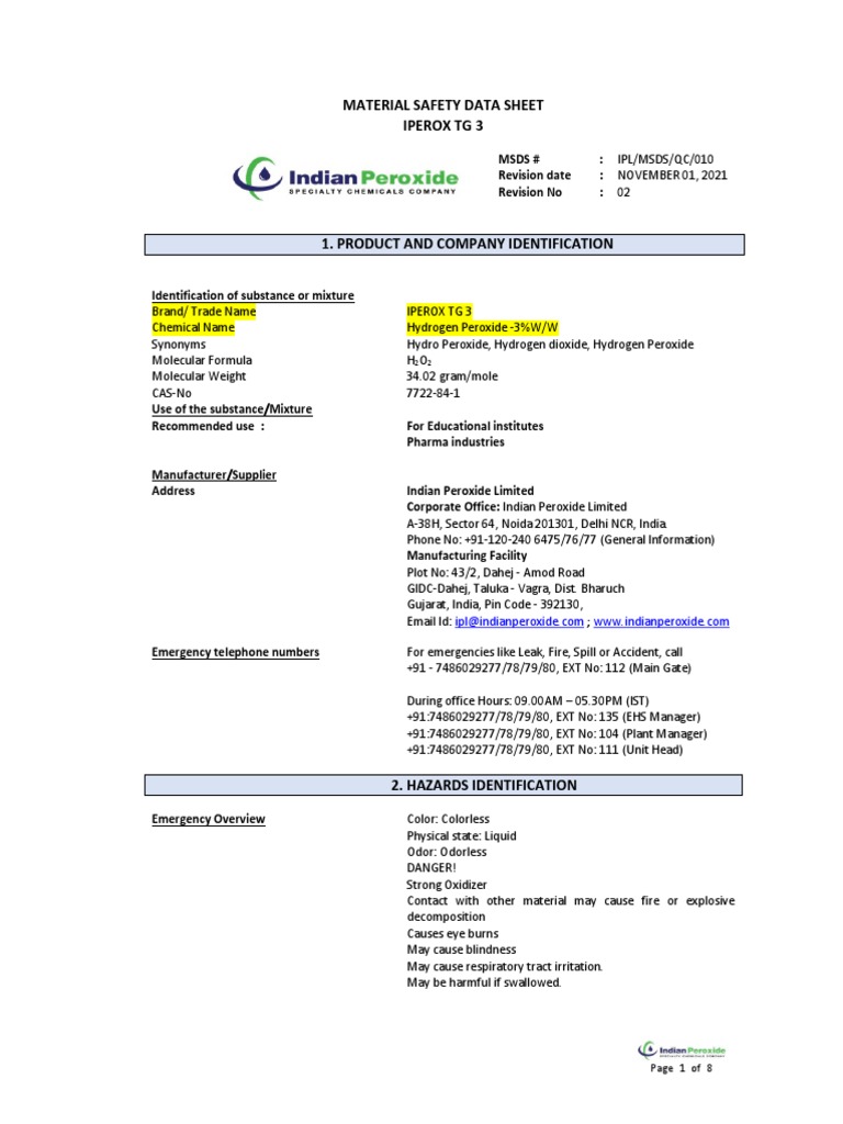 IPEROX TG 3 MSDS for Hydrogen Peroxide | PDF