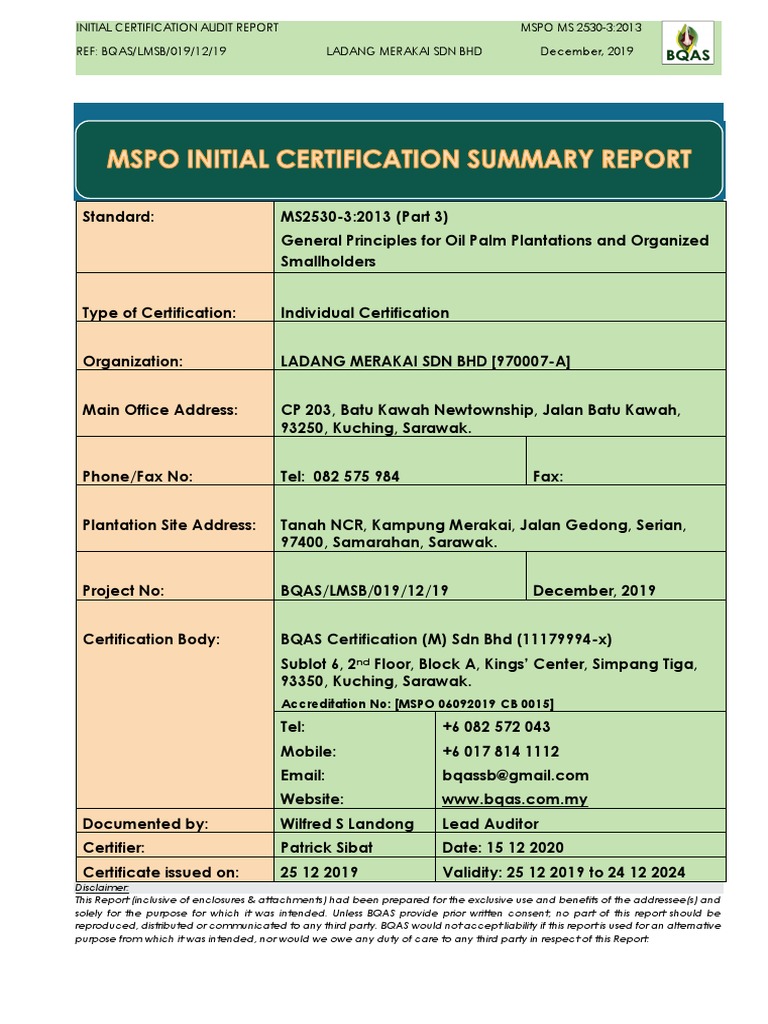 Merakai MSPO Certification Audit Summary | PDF