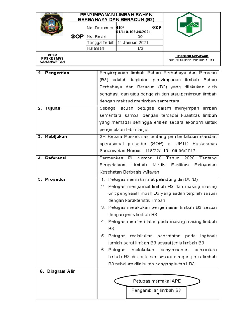 SOP Penyimpanan Limbah B3 Puskesmas | PDF