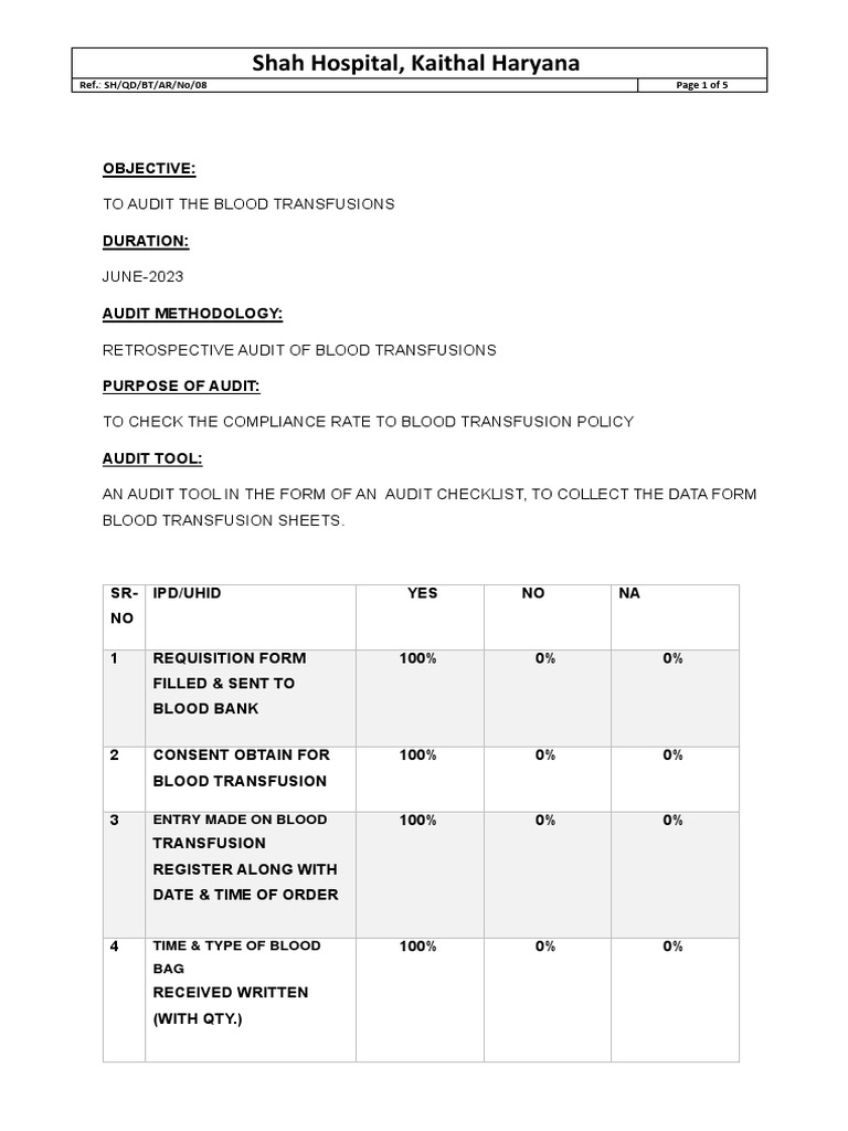 Blood Transfusion Audit JUNE 2023 | PDF